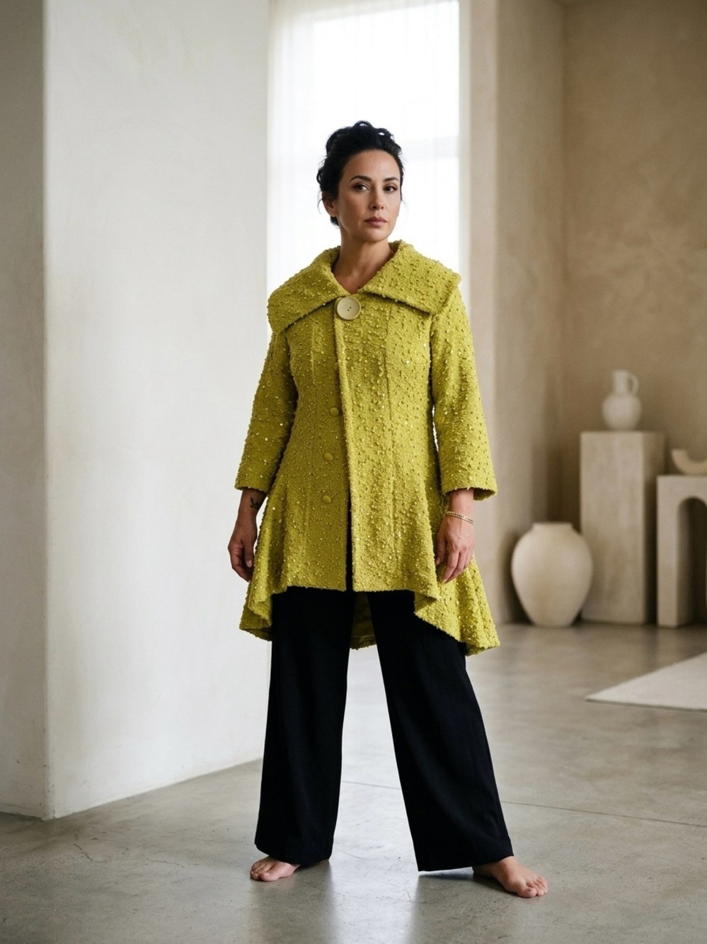 Vintage Chartreuse Popcorn Bouclé High-Low Asymmetric Swing Jacket M
